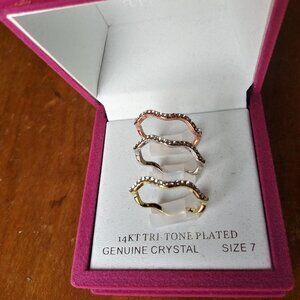 3 14K Tri-tone Plated and Crystal Stackable Rings Size 7